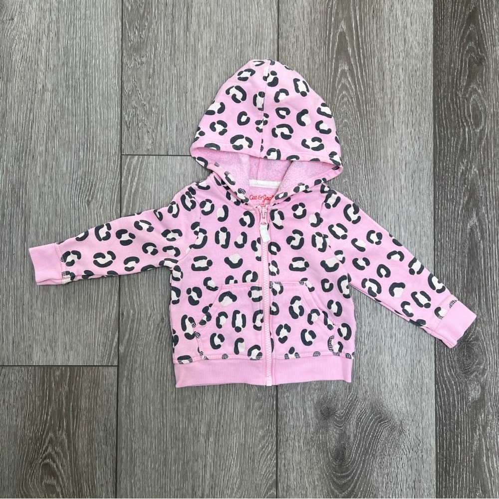 CAT & JACK ZIP UP HOODED SWEATSHIRT LEOPARD PRINT PINK 12MO